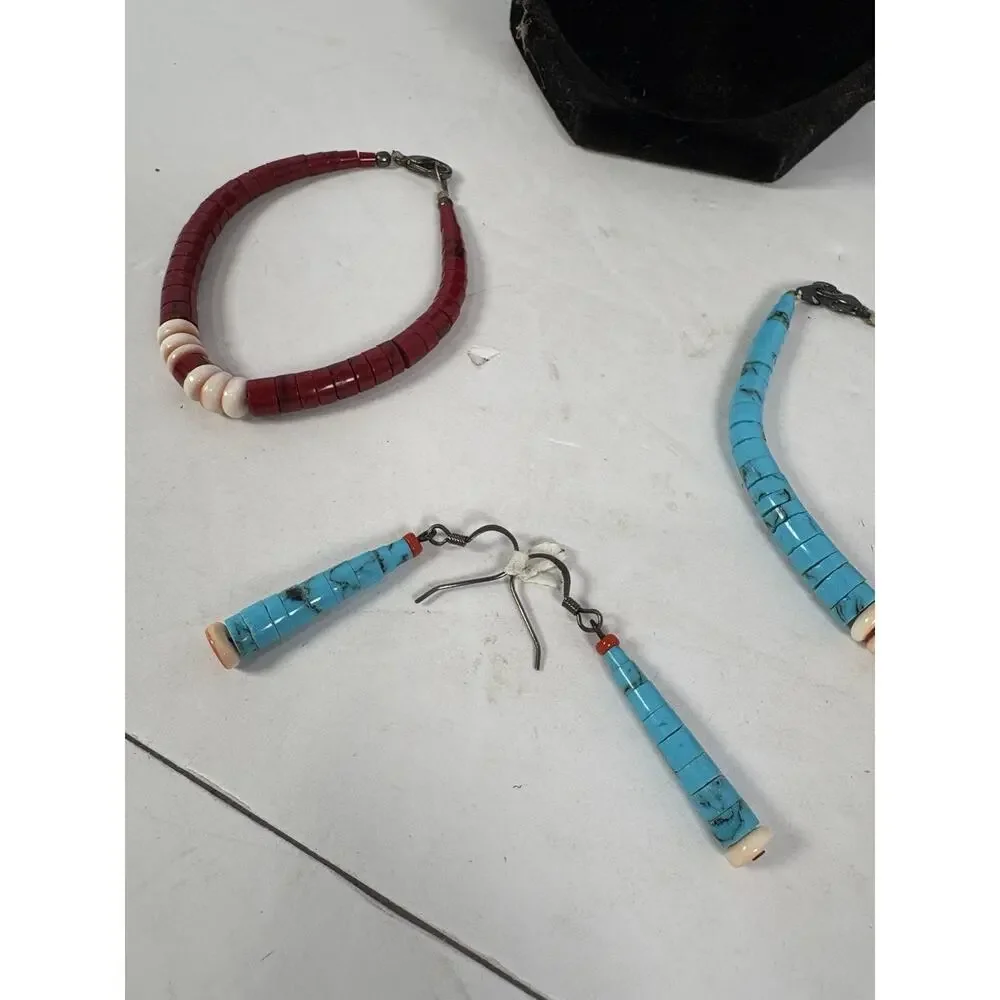 Block Turquoise and Coral Graduated Heishi Necklace, Bracelets And Earrings Set - Picture 3 of 15